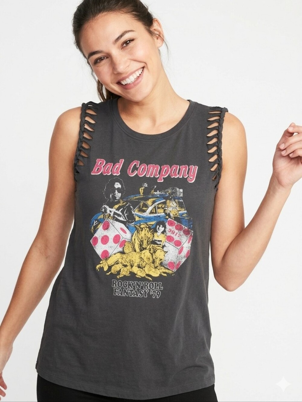 Bad Company Graphic Muscle Tee - Charcoal with Pink & Yellow Print